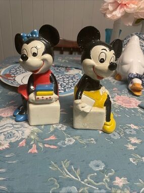 Walt Disney Productions Vintage Mickey And Minnie Painted Ceramic Bookends